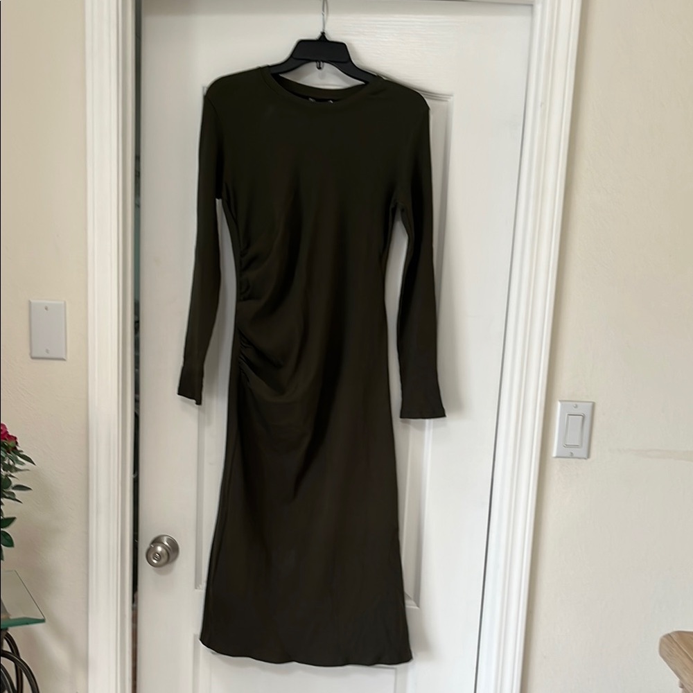 Zara Elegant Olive Green Long Sleeve Dress, L, NWT